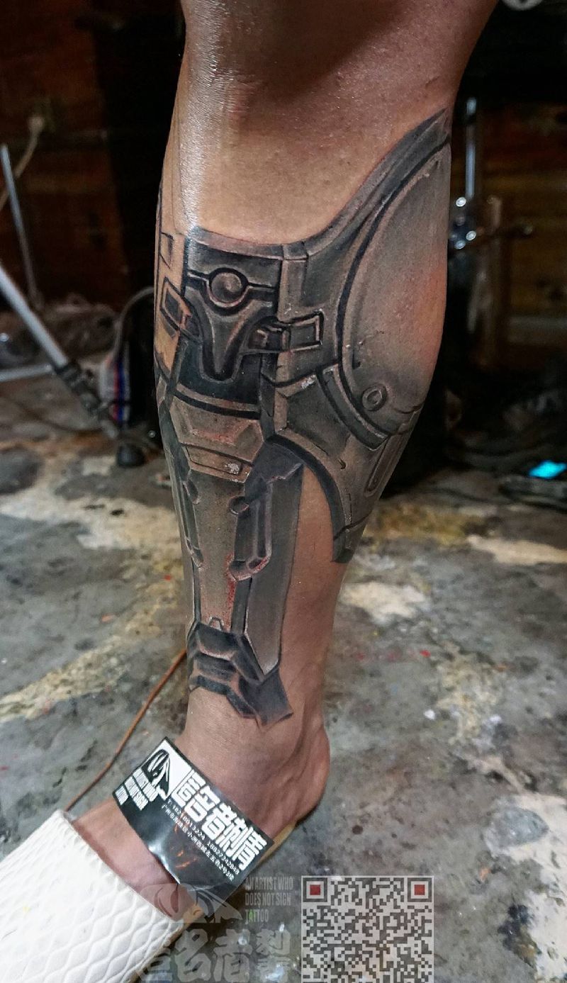 机甲，未完纹身图片_腿部欧美写实机甲机械纹身图案