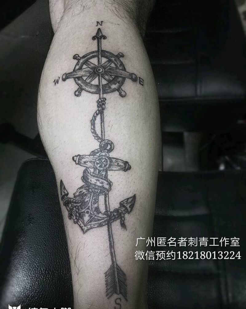 原创指南针船锚纹身图片_腿部欧美清新写实静物原创广州成品纹身图案