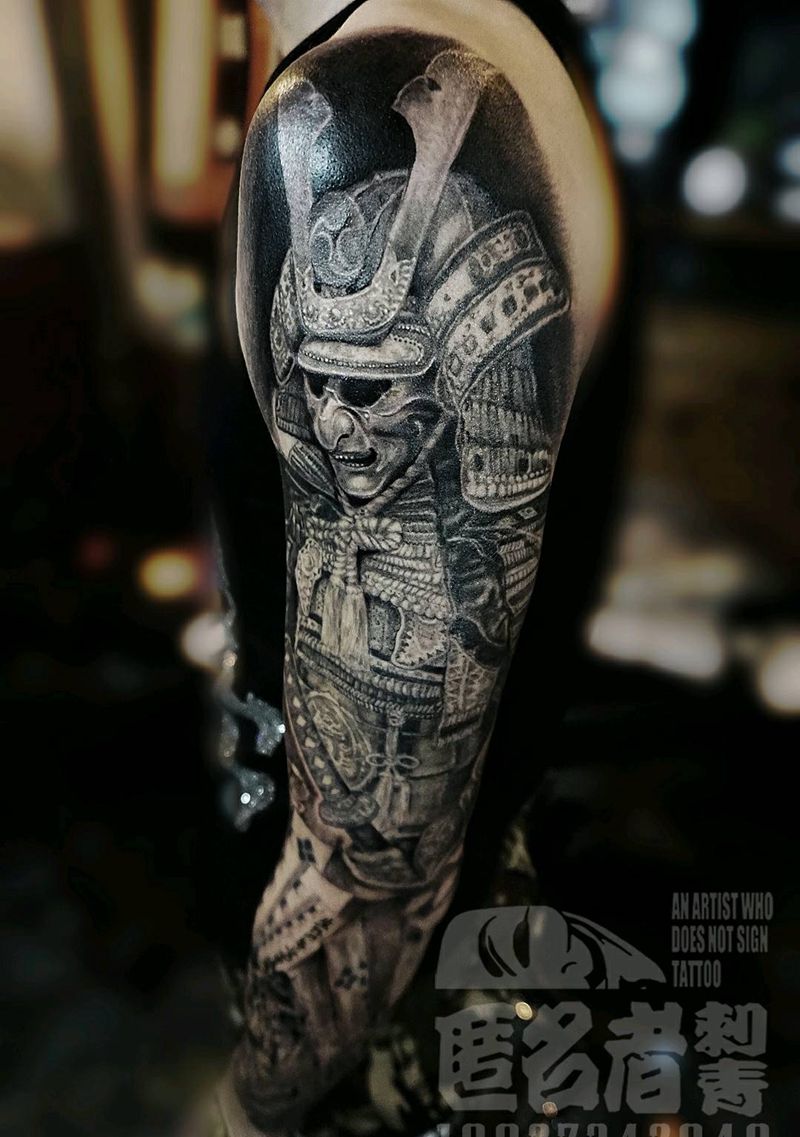 武士包臂纹身图片_肩部手臂欧美传统肖像写实人物鬼神原创成品纹身图案