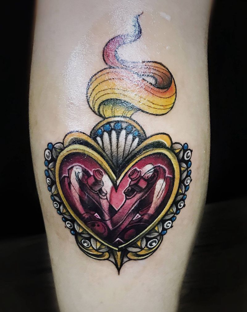 永动的心脏纹身图片_腿部New School水彩心脏机械New school纹身图案