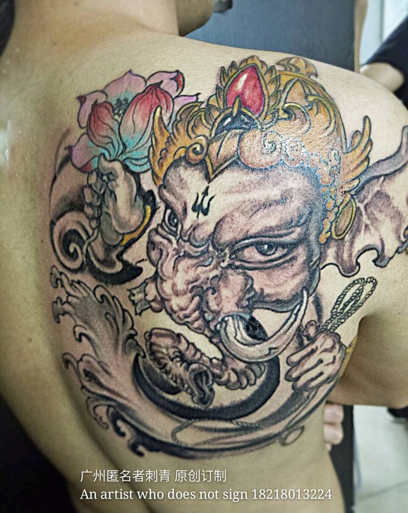 象神纹身图片_背部传统人物鬼神原创广州象神成品纹身图案