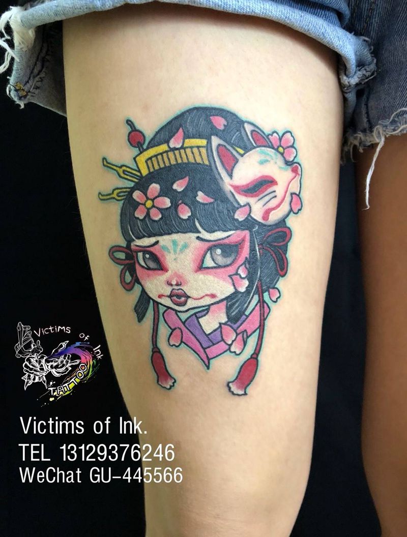 日式艺妓狐仙纹身图片_成品腿部传统人物原创纹身图案