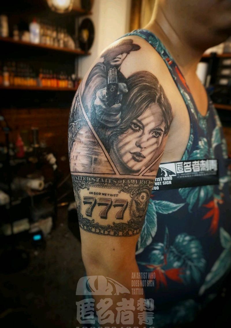 美国往事  拼贴纹身图片_手臂欧美肖像写实人物原创成品纹身图案