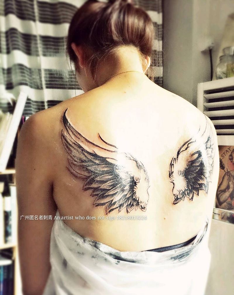 定制 翅膀纹身图片_背部欧美写实原创广州天使翅膀成品手稿纹身图案
