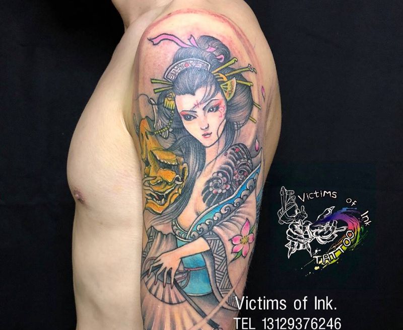 艺妓纹身图片_成品手臂传统人物原创纹身图案