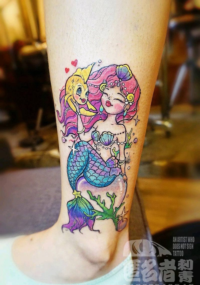 美人鱼纹身图片_腿部欧美清新动物人物原创成品纹身图案