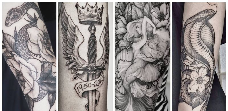 有故事的插画纹身图片_手臂几何点刺美人鱼剑独角兽纹身图案