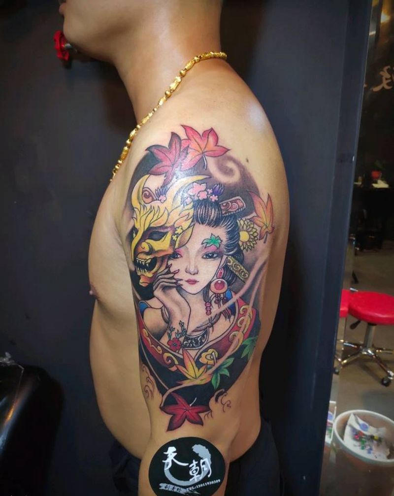 鬼面艺伎纹身图片_新传统纹身图案
