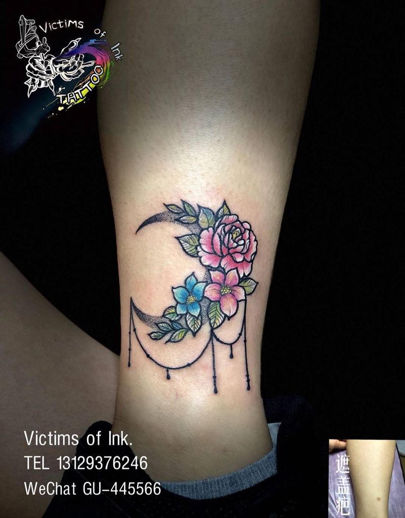 花环纹身图片_成品腿部清新原创纹身图案