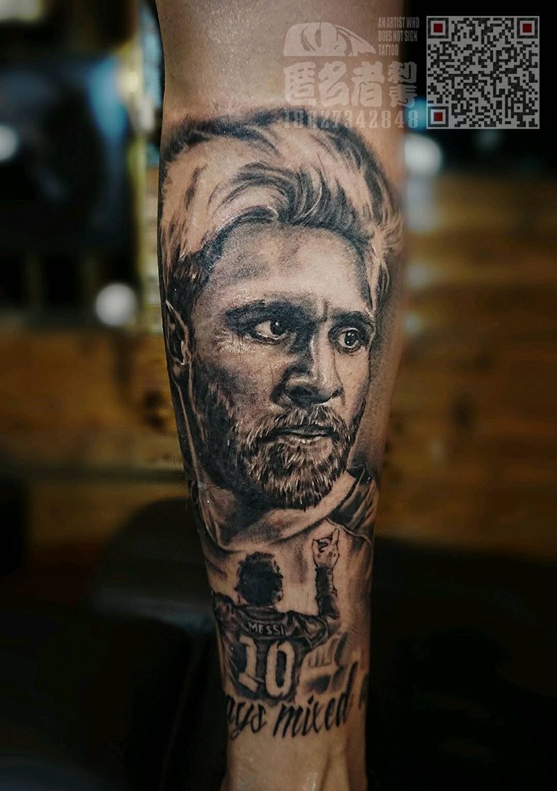 梅西纹身图片_手臂欧美肖像写实人物原创成品纹身图案
