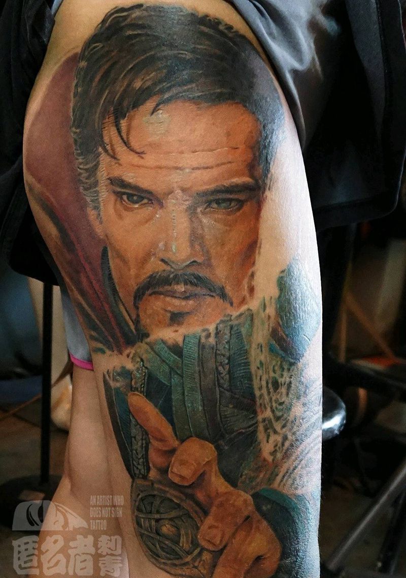 奇异博士  进度一纹身图片_腿部欧美肖像写实人物原创复仇者联成品纹身图案