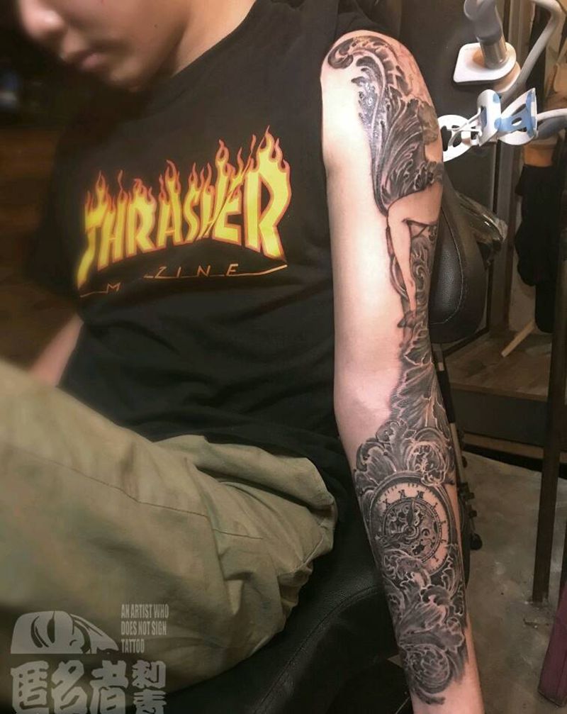 写实巴洛克雕花包臂纹身图片_手臂欧美写实静物图腾原创广州成品纹身图案