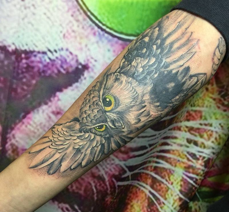 猫头鹰纹身图片_手臂成品写实原创动物纹身图案