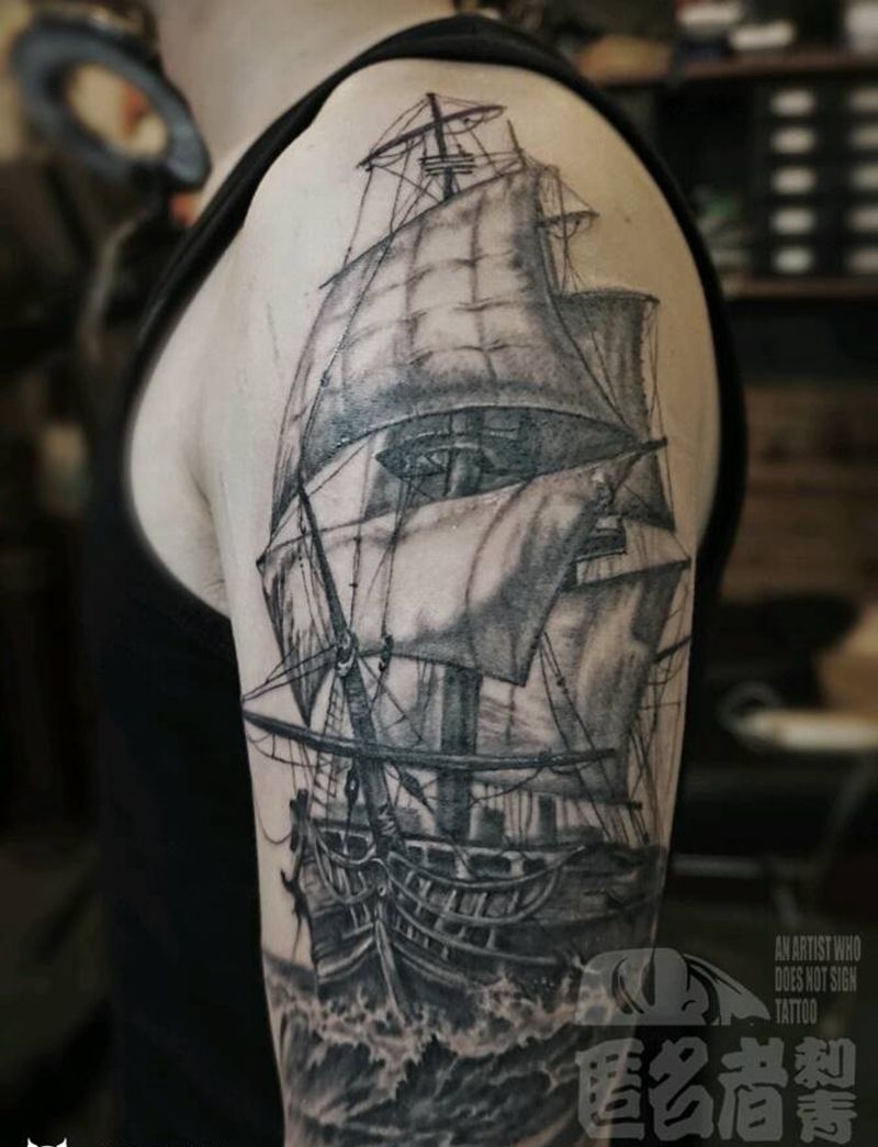 帆船纹身图片_肩部手臂欧美写实静物原创成品纹身图案