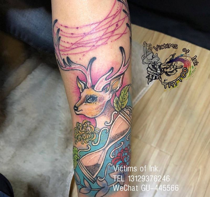 鹿纹身图片_成品手臂清新动物原创纹身图案