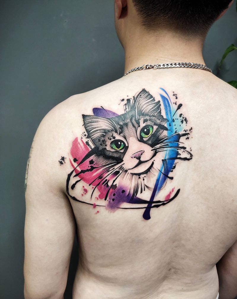 喵纹身图片_水彩纹身图案