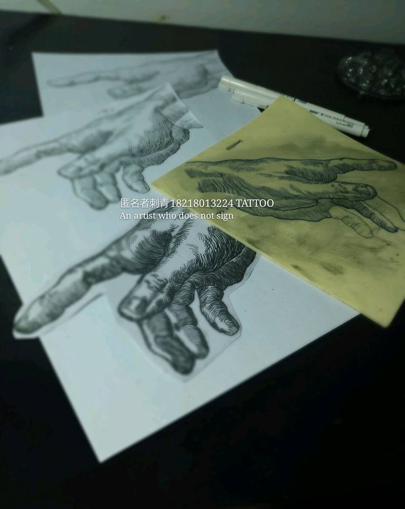 创造亚当纹身图片_腰部欧美情侣原创艺术黑灰成品手稿纹身图案