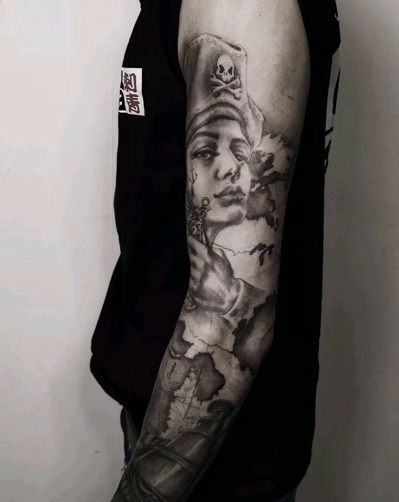 航海包臂纹身图片_手臂欧美写实航海纹身图案