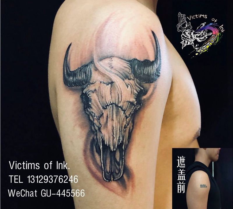 遮盖/牛头纹身图片_成品手臂写实原创动物纹身图案