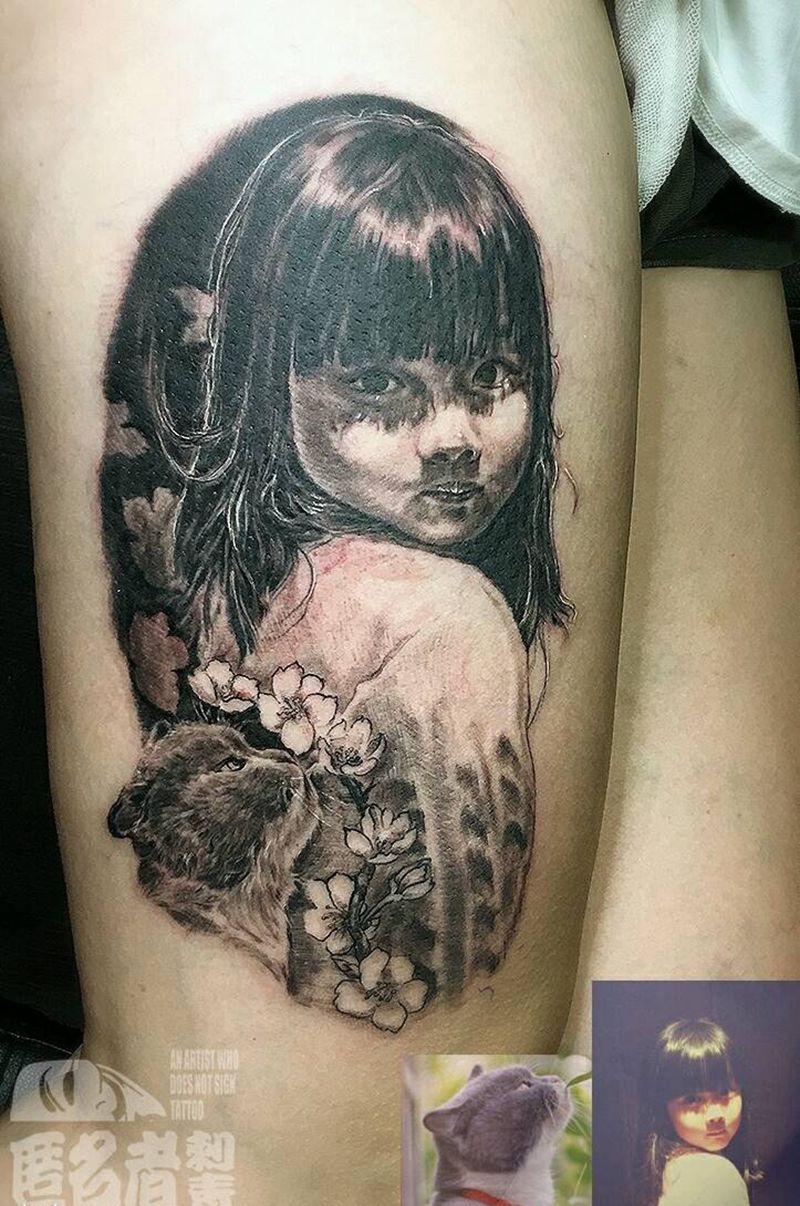 写实肖像纹身图片_腿部肖像写实动物人物静物原创广州成品纹身图案