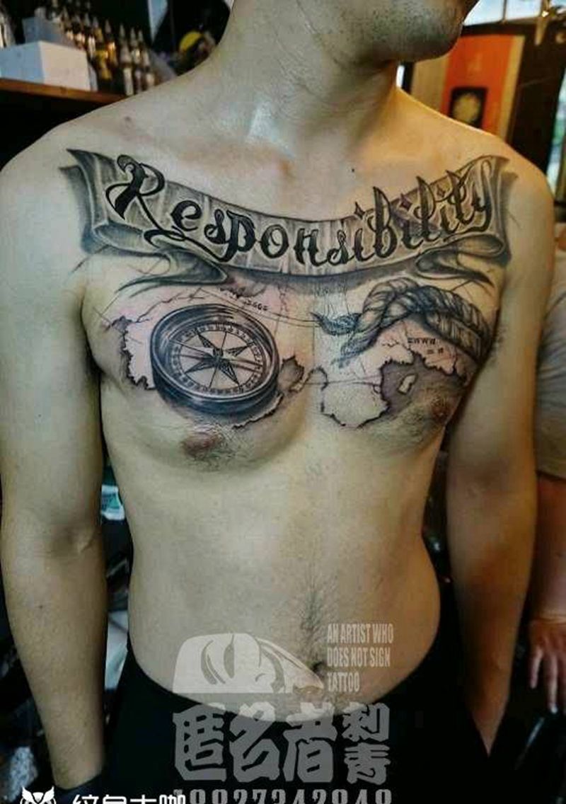 航海  包胸纹身图片_胸部欧美写实字符静物原创成品纹身图案