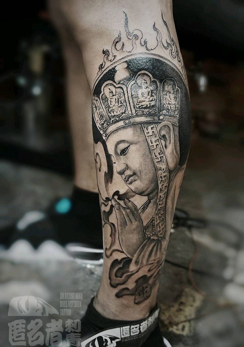 地藏菩萨纹身图片_腿部传统习俗人物鬼神宗教原创地藏菩萨成品纹身图案