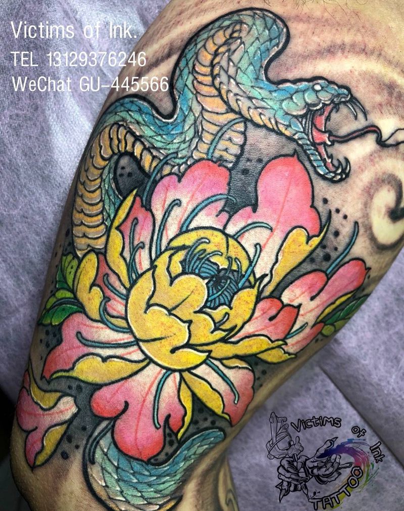 新传统蛇牡丹纹身图片_成品手臂传统动物原创纹身图案