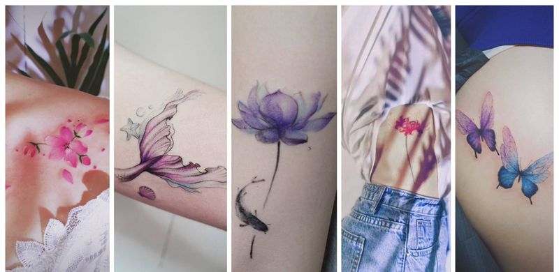 水彩清新纹身图片_手臂肩部水彩水墨小清新仙女范纹身图案