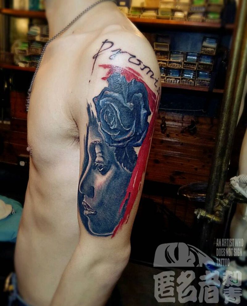 覆盖作品纹身图片_手臂肖像写实人物植物原创广州成品纹身图案