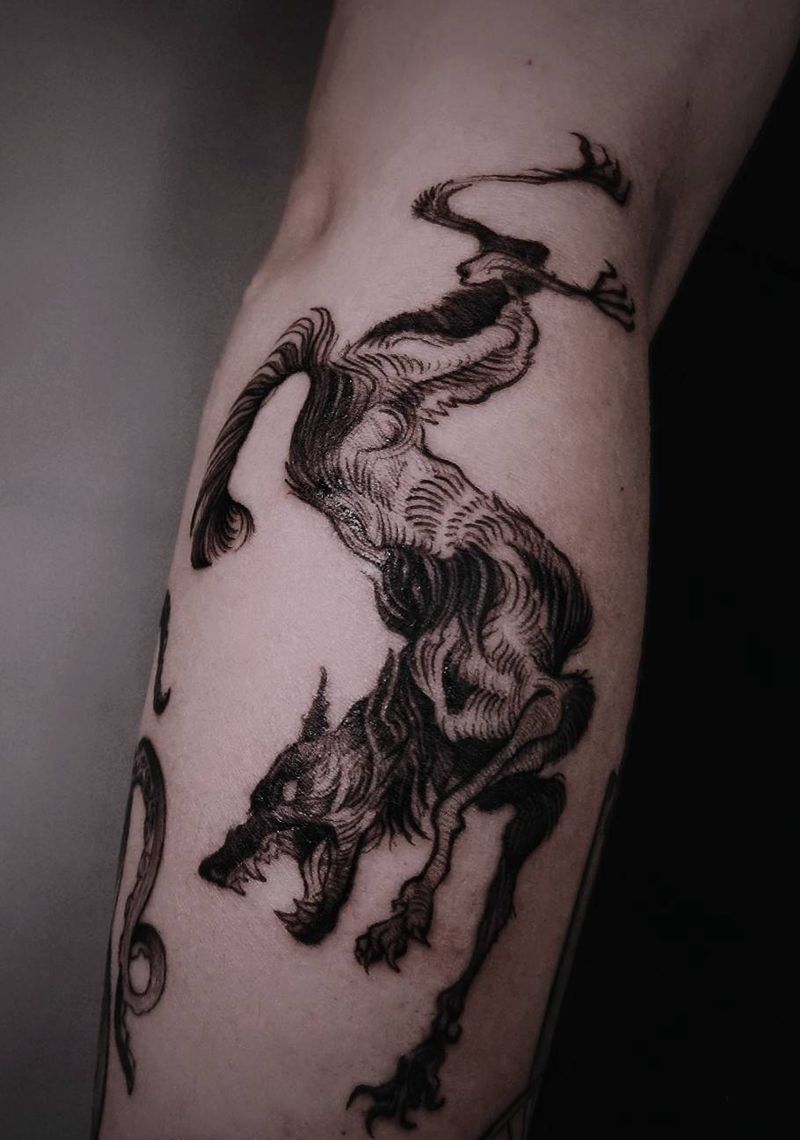 黑夜地狱犬纹身图片_手臂几何暗黑女师纹身图案