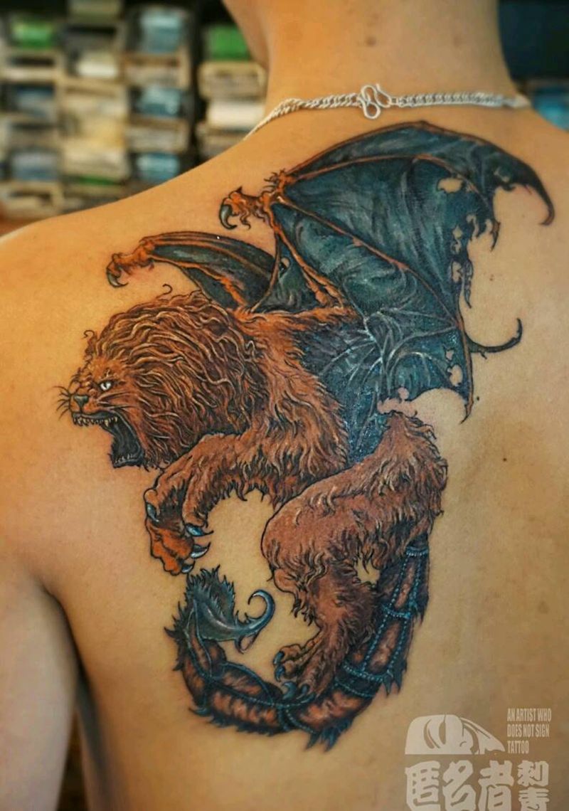狮蝎兽纹身图片_背部欧美写实动物原创广州成品纹身图案