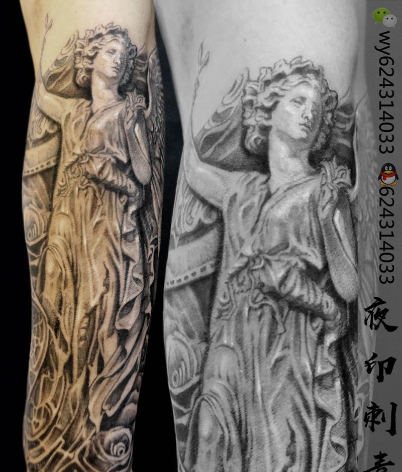 天使花臂纹身图片_成品手稿手臂欧美写实肖像宗教天使纹身图案