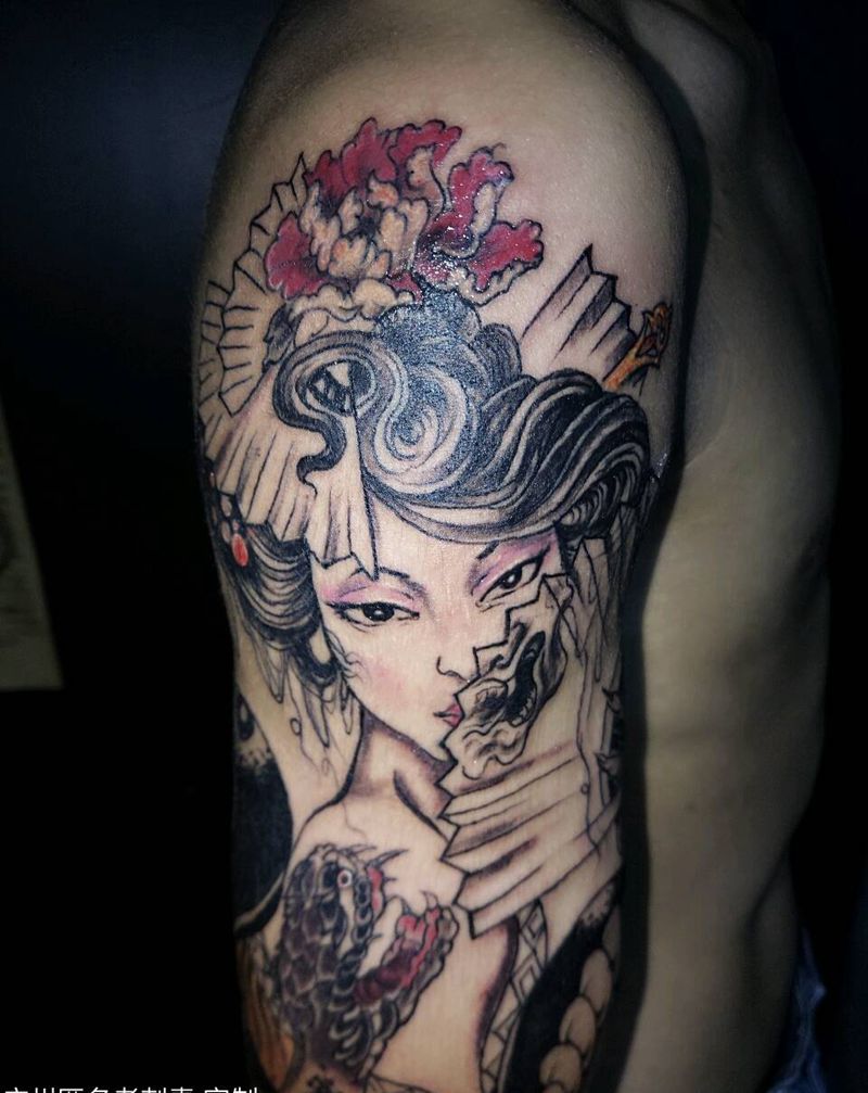 定制艺妓纹身图片_手臂传统人物广州艺妓成品手稿纹身图案