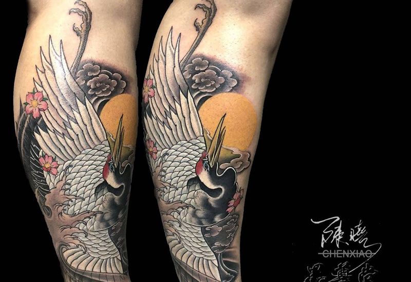 鶴纹身图片_腿部鶴纹身图案