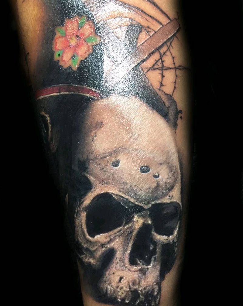 骷髅头遮盖纹身图片_欧美写实纹身图案