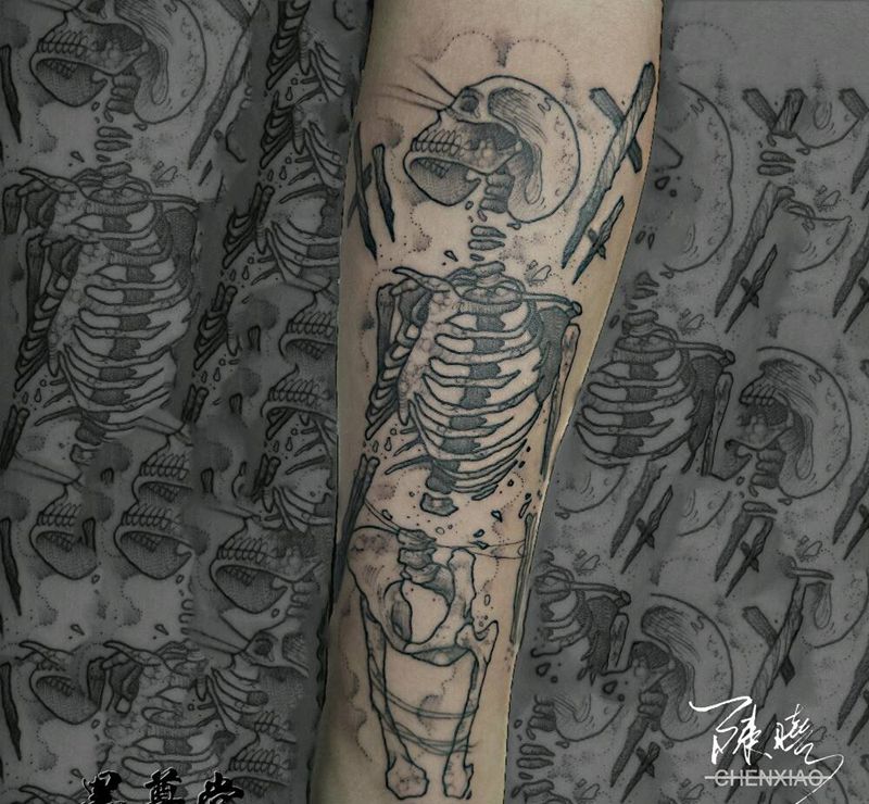 骷髅纹身图片_手臂手部成品纹身图案