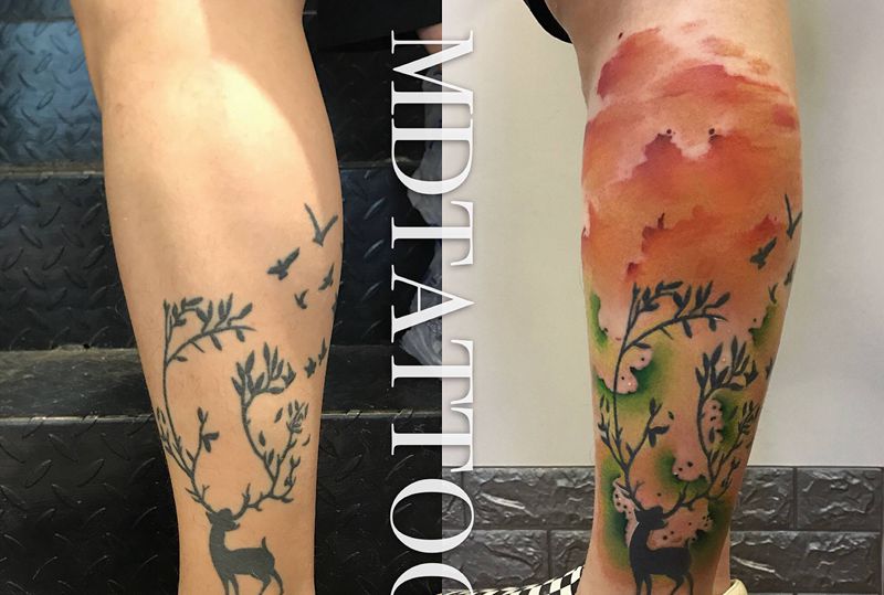 水彩世界纹身图片_腿部水彩纹身图案