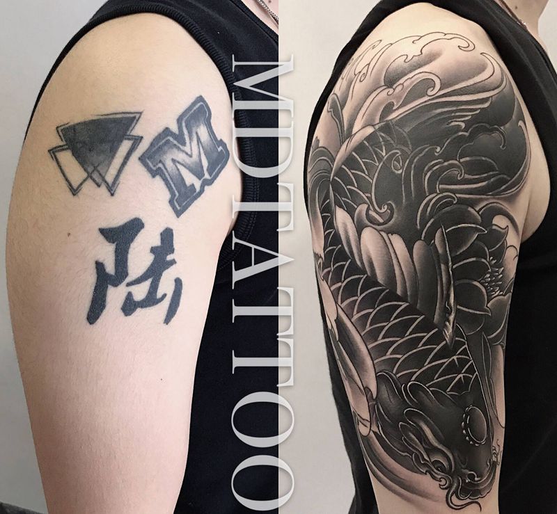 遮盖纹身图片_手部手臂老传统鲤鱼纹身图案