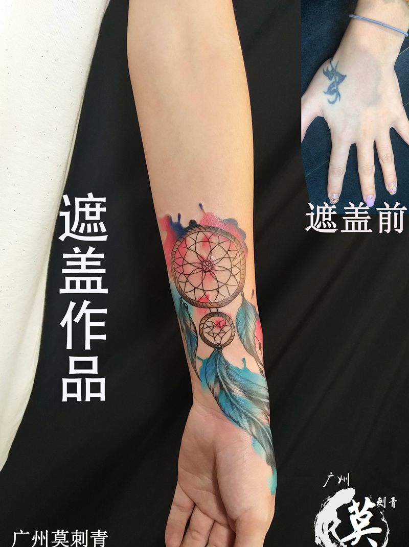 水彩捕梦网遮盖纹身图片_手部手臂水彩New School纹身图案