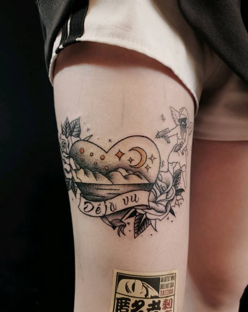 美式   爱心  小天使纹身图片_腿部Old School纹身图案