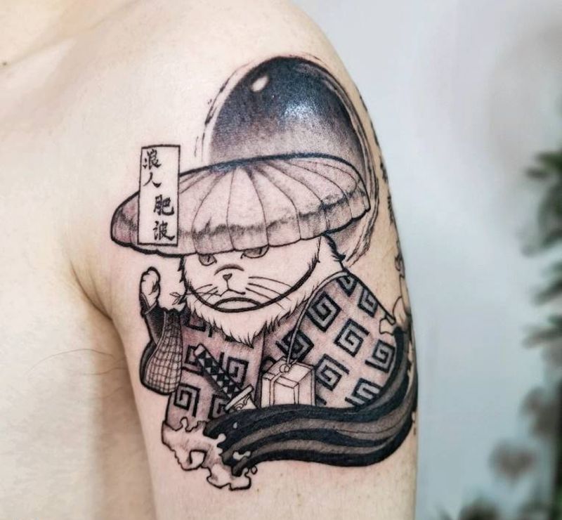拉通  武士猫纹身图片_手臂卡通武士猫纹身图案