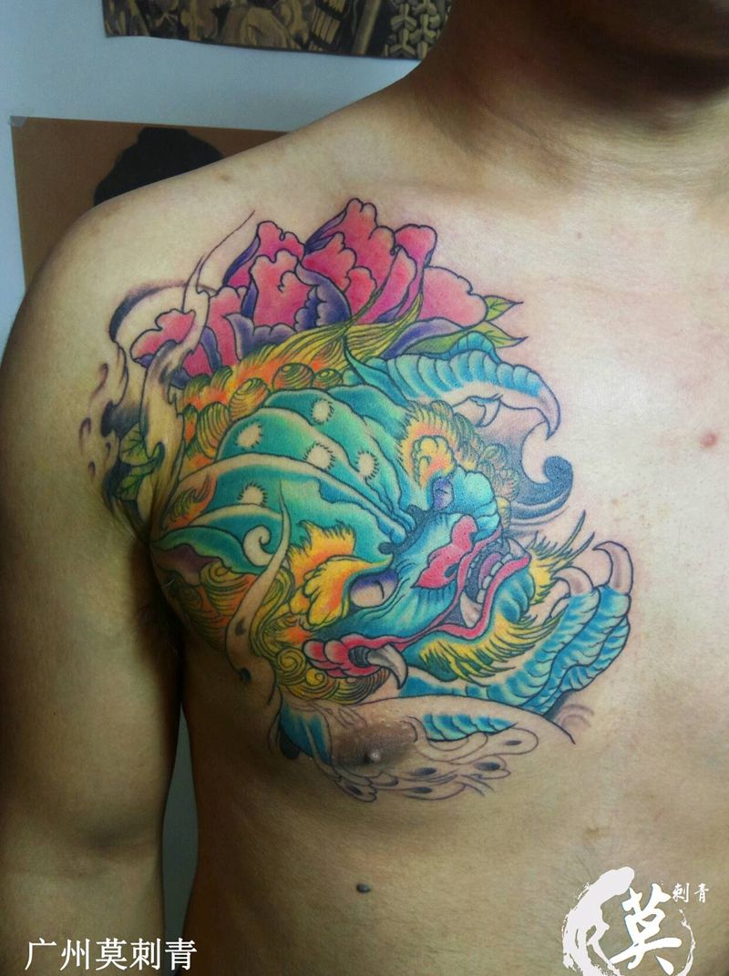 炫彩 唐狮纹身图片_肩部胸部欧美传统习俗肖像写实成品手稿插画纹身图案