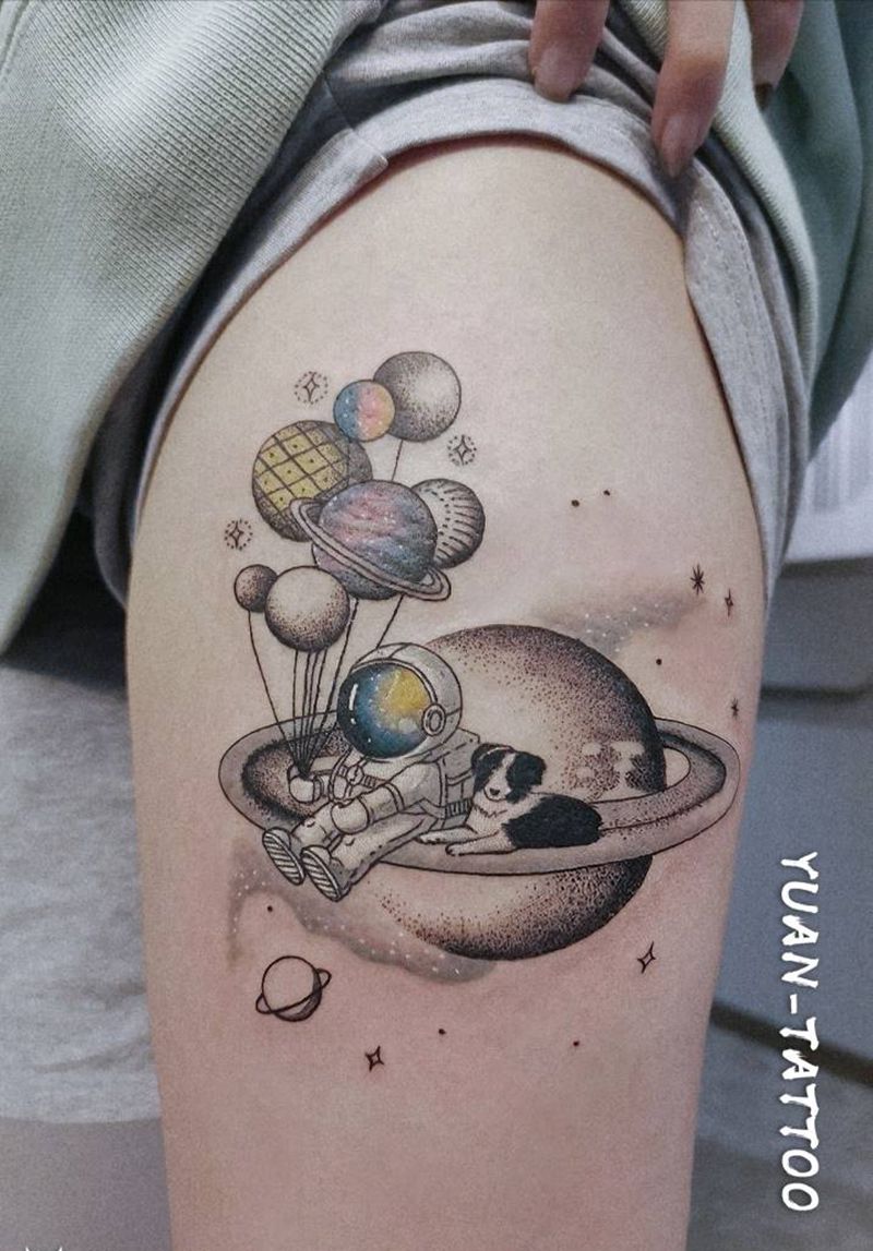 宇航员和狗纹身图片_腿部New SchoolOld School纹身图案