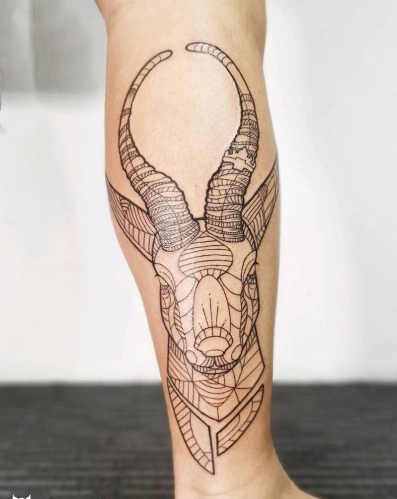 线条  羚羊纹身图片_腿部几何线条羚羊纹身图案