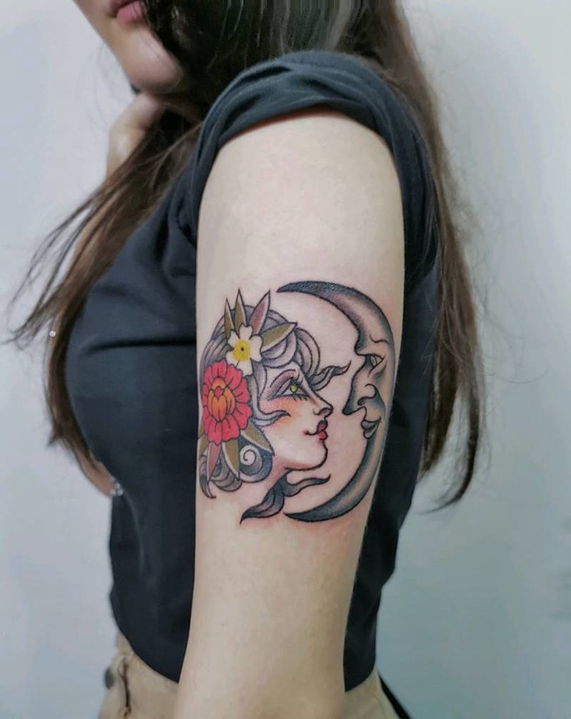 美式 月亮女孩纹身图片_手臂Old School月亮纹身图案