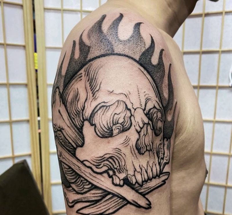 铜版画  骷髅纹身图片_手臂插画纹身图案