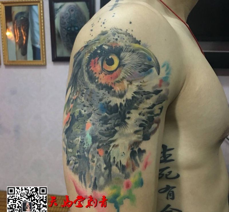 水墨猫头鹰恢复后效果纹身图片