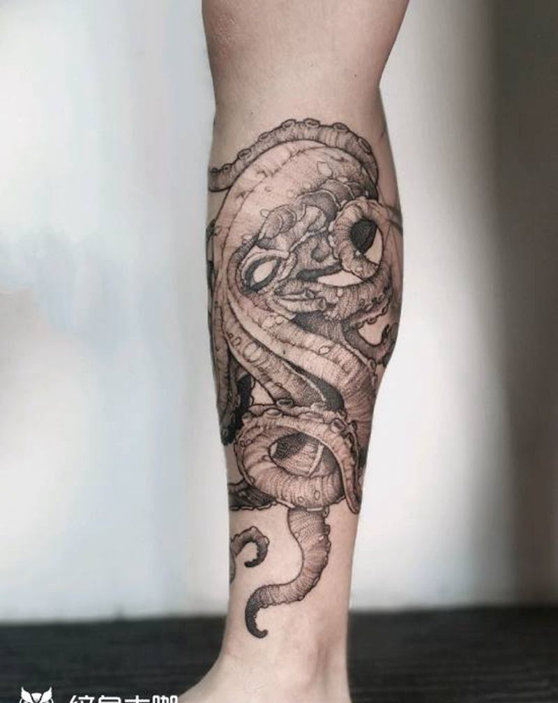 扫点  大章鱼纹身图片_腿部章鱼扫点纹身图案