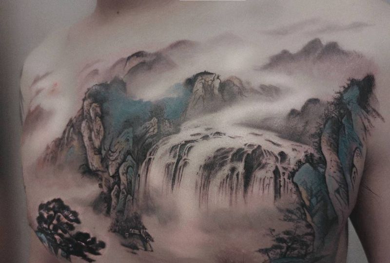 (山中之水)  原创 山水画纹身图片_胸部新传统水墨纹身图案
