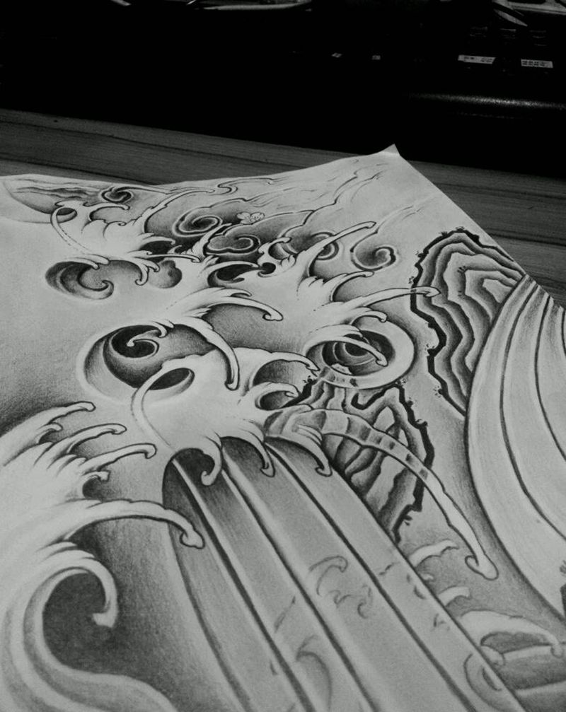 浪花纹身图片_原创手稿纹身图案